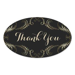 Black And Gold Floral Frame Thank You Oval Sticker