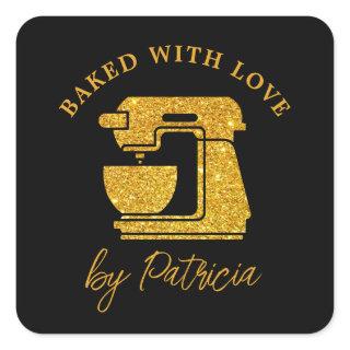 Black And Gold Glitter Custom Baked With Love   Square Sticker