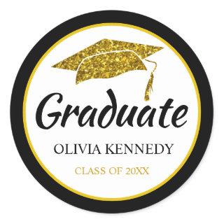 Black And Gold Glitter Graduation Hat Graduate   Classic Round Sticker