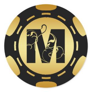 BLACK AND GOLD MONOGRAM LETTER M POKER CHIP CLASSIC ROUND STICKER