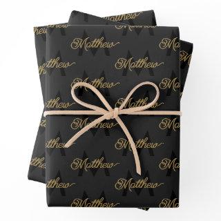 Black and Gold Typography Add Name & Monogram Mens  Sheets