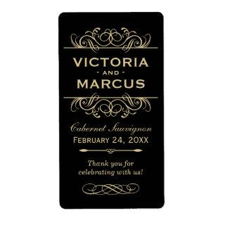 Black and Gold Wedding Wine Bottle Monogram Favor Label