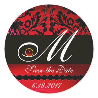 BLACK AND RED BURGUNDY  DAMASK MONOGRAM, Ruby Classic Round Sticker