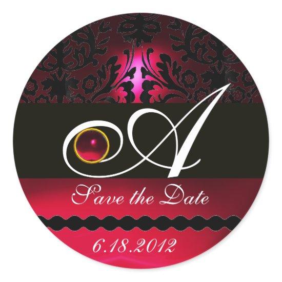 BLACK AND RED BURGUNDY  DAMASK MONOGRAM, Ruby Classic Round Sticker