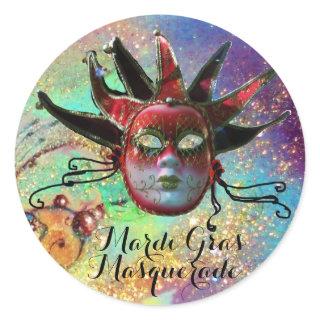 BLACK AND RED JESTER MASK IN BLUE Masquerade Party Classic Round Sticker