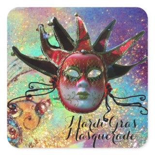 BLACK AND RED JESTER MASK IN BLUE Masquerade Party Square Sticker