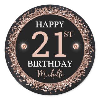 Black and Rose Gold Glitter Confetti Birthday Classic Round Sticker