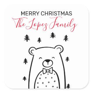 Black and White Bear in Forest, Christmas Square Sticker