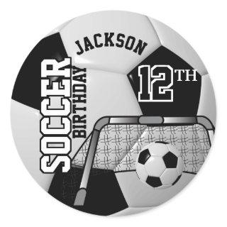 Black and White Birthday Soccer Ball Classic Round Sticker