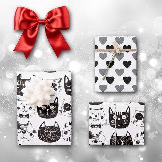 Black and White Cartoon Cat Faces and Hearts  Sheets