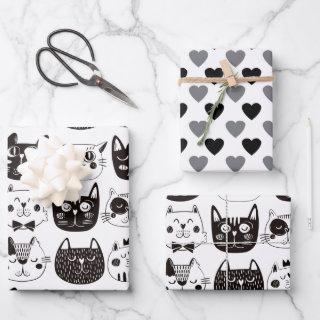 Black and White Cartoon Cat Faces and Hearts  Sheets