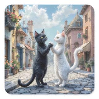 Black and White Cats Dancing On Cobblestone Square Sticker