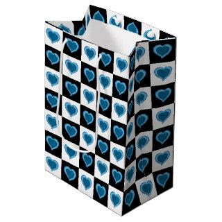 Black and white checkered pattern, blue hearts   medium gift bag