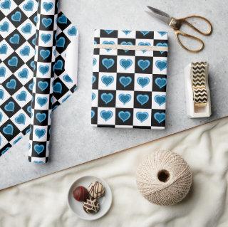 Black and white checkered pattern, blue hearts