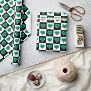 Black and white checkered pattern, green hearts