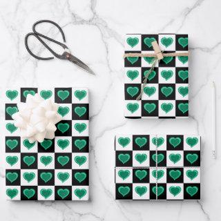 Black and white checkered pattern, green hearts  sheets