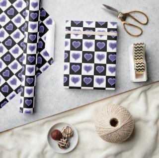 Black and white checkered pattern, purple hearts