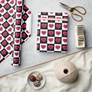 Black and white checkered pattern, red hearts