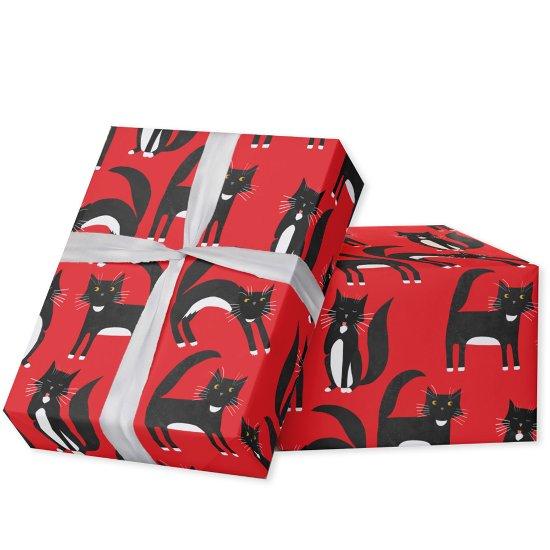 Black and White Cute Tuxedo Kitty Red Pattern
