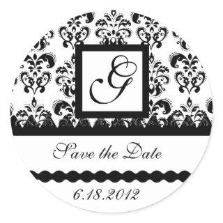 BLACK AND WHITE DAMASK MONOGRAM CLASSIC ROUND STICKER