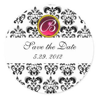 BLACK AND WHITE DAMASK MONOGRAM ,red ruby Classic Round Sticker