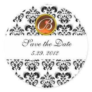 BLACK AND WHITE DAMASK MONOGRAM yellow agate Classic Round Sticker