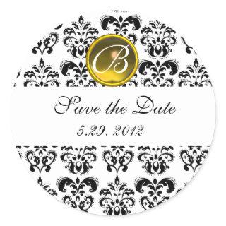 BLACK AND WHITE DAMASK MONOGRAM yellow topaz Classic Round Sticker