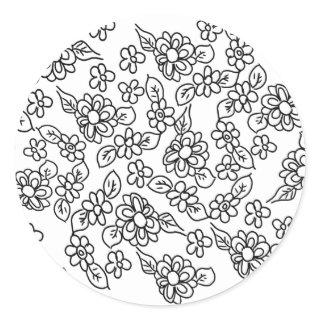 Black and white floral drawing classic round sticker