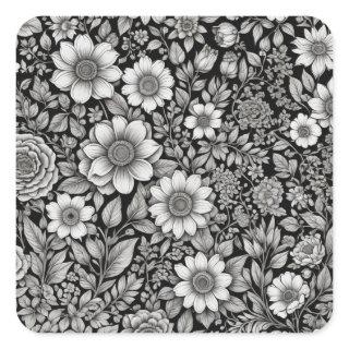 Black and white flowers and leaves square sticker