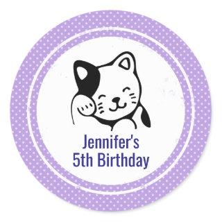 Black and White Kitty Cat Waving Hello Birthday Classic Round Sticker