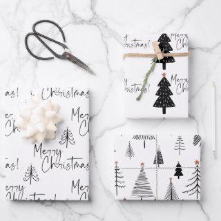 Black and White Merry Christmas Tree Wrapping Pape  Sheets