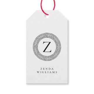 Black and White Monogram with Greek Key Pattern Gift Tags