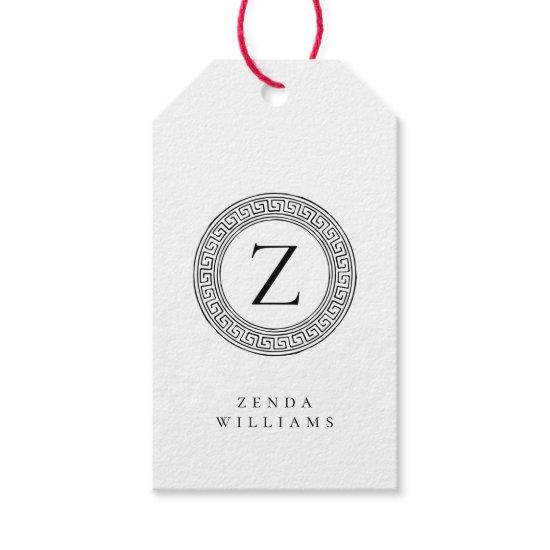 Black and White Monogram with Greek Key Pattern Gift Tags