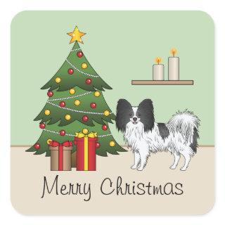 Black And White Papillon Dog By A Christmas Tree Square Sticker