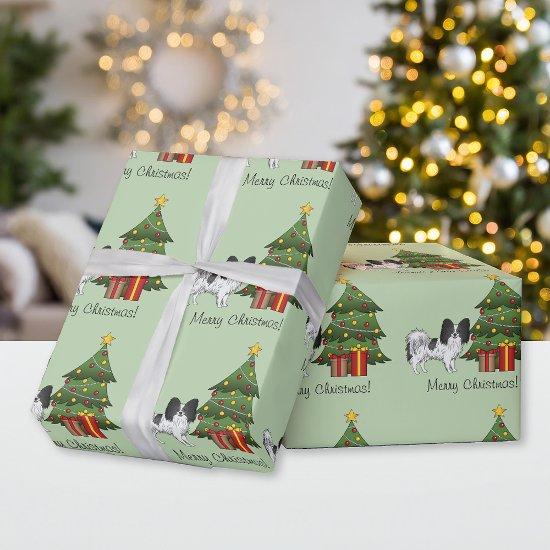 Black And White Papillon Dog By A Christmas Tree