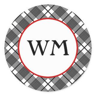 Black and White Plaid Pattern Editable Monogram Classic Round Sticker