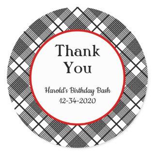 Black and White Plaid Pattern Editable Thank You Classic Round Sticker
