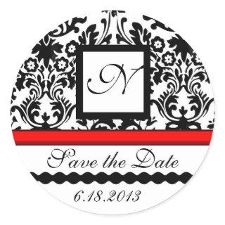 BLACK AND WHITE RED  DAMASK MONOGRAM,Save The Date Classic Round Sticker