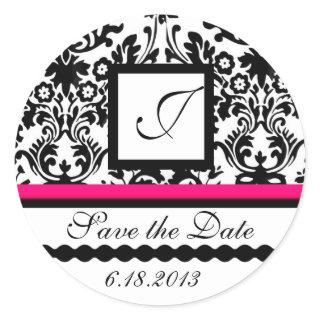 BLACK AND WHITE RED  DAMASK MONOGRAM,Save The Date Classic Round Sticker