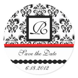 BLACK AND WHITE RED  DAMASK MONOGRAM,Save The Date Classic Round Sticker