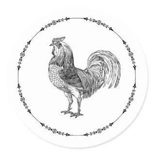 Black and White Rooster Classic Round Sticker