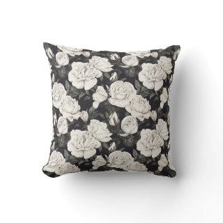 Black and White Rose Pattern Throw Pillow