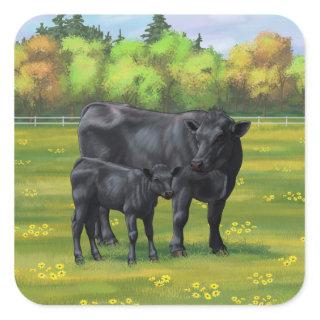Black Angus Cow & Cute Calf in Summer Pasture Square Sticker