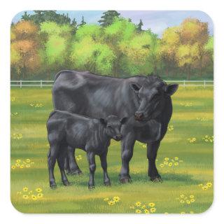 Black Angus Cow & Cute Calf in Summer Pasture Square Sticker