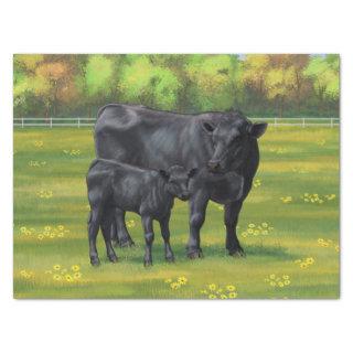Black Angus Cow & Cute Calf in Summer Pasture Tissue Paper