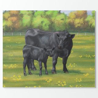Black Angus Cow & Cute Calf in Summer Pasture