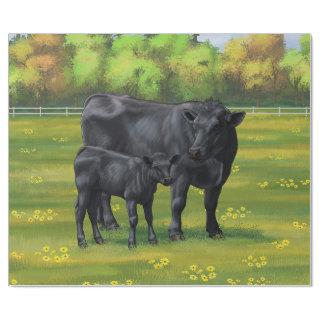 Black Angus Cow & Cute Calf in Summer Pasture