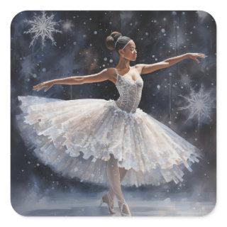 Black Ballerina in White Snowflake Tutu Square Sticker