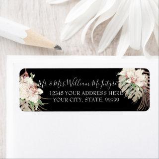 Black Blush White Floral Tropical Foliage Wedding Label