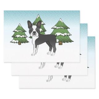 Black Boston Terrier In A Winter Forest  Sheets